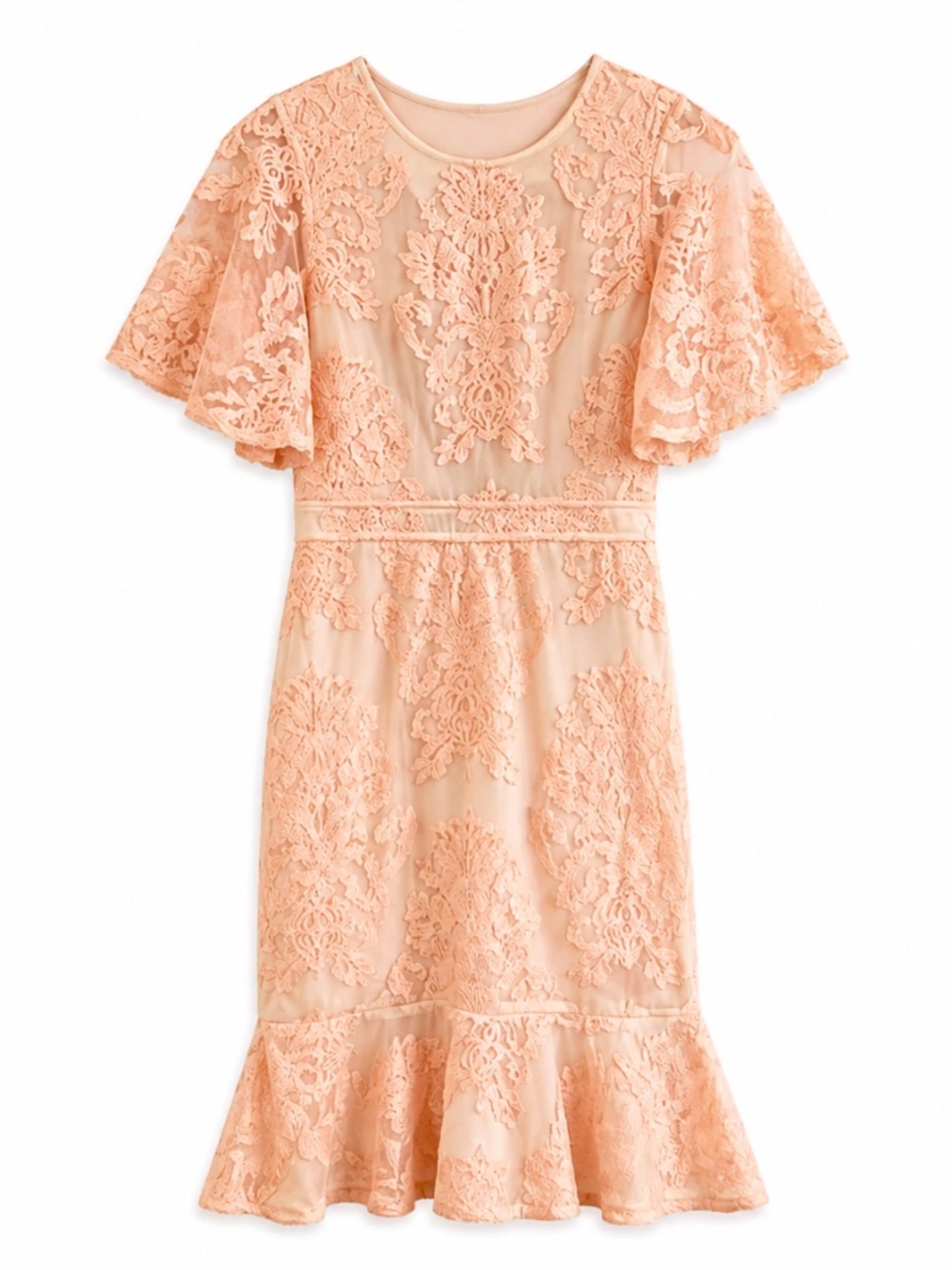 Hesperus Backless Peach Lace Overlay Dress w Ruffled Sleeves & Hem – Medium EUC